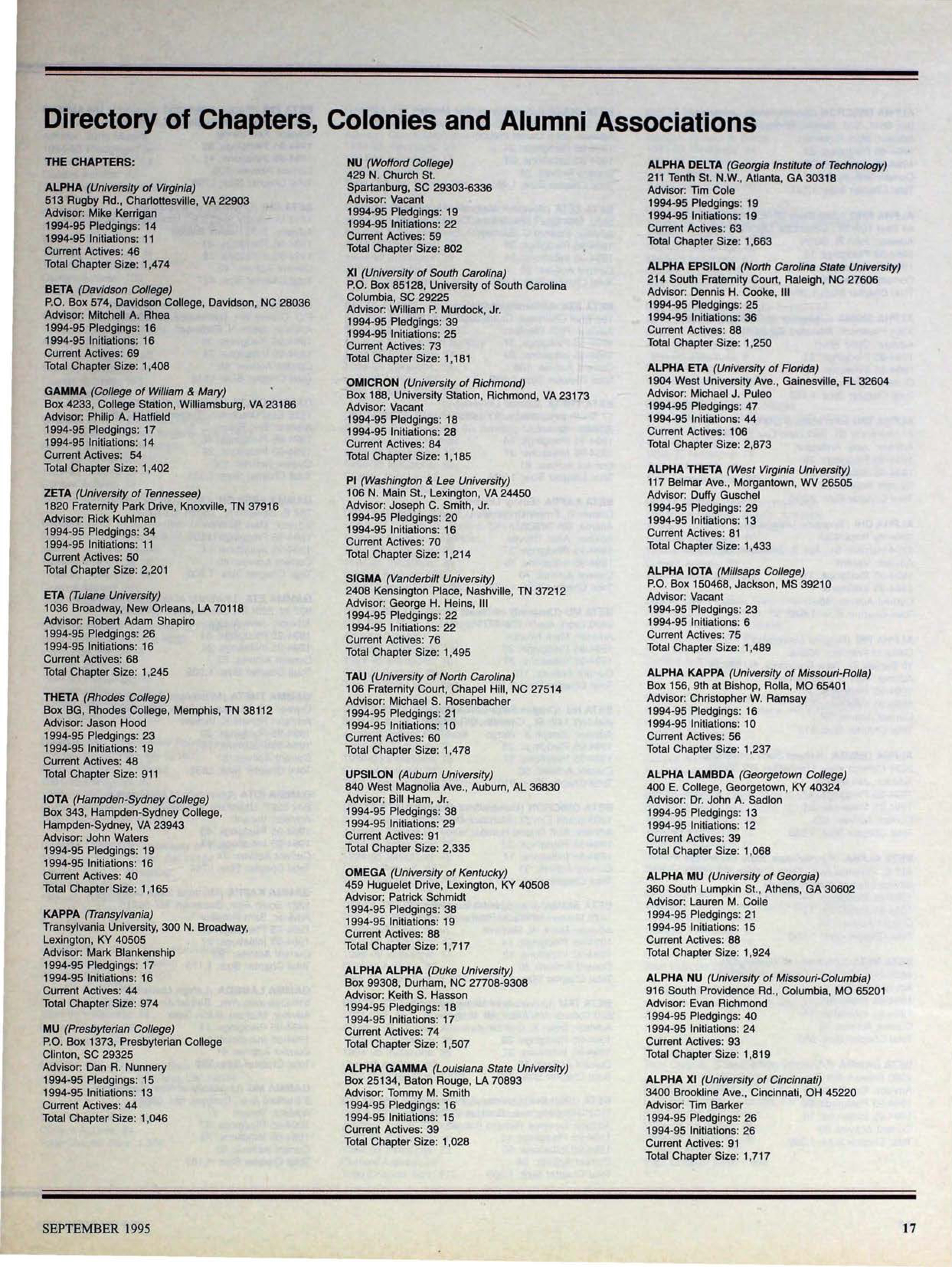 Directory of Chapters, Colonies and Alumni Associations